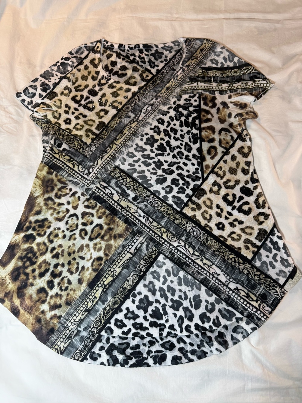 Leopard Patchwork Print Short Sleeve Top - Black, White & Tan